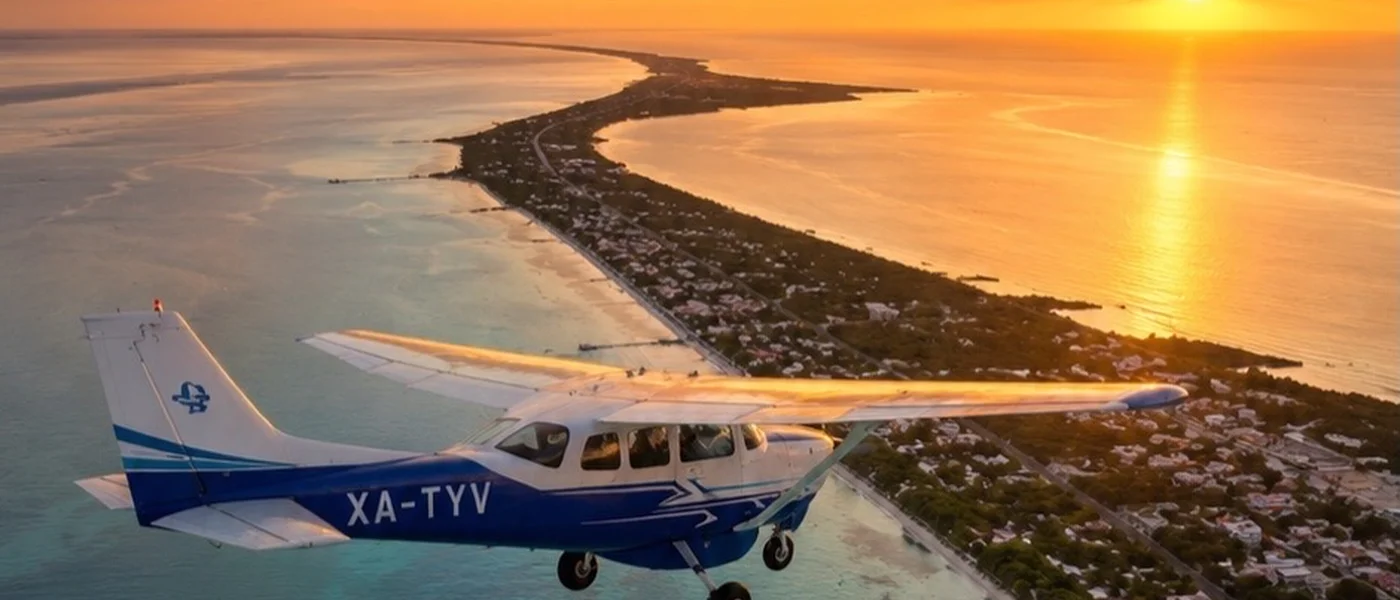 Private air taxi flying over Holbox at sunset