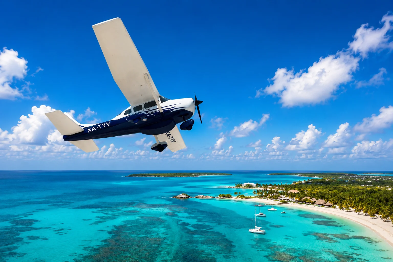 private flight from Holbox to Cancun with Cessna 206 flying over the Caribbean